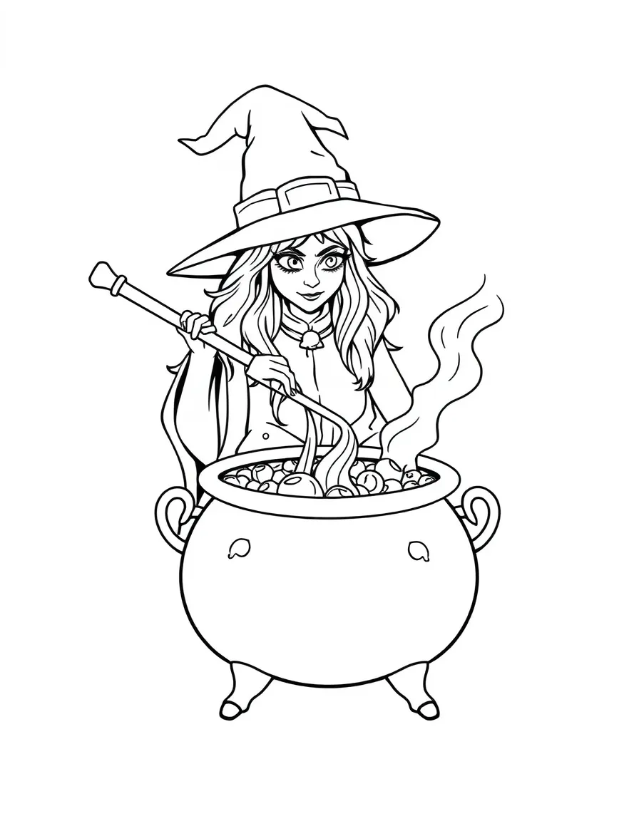 A witch brewing potions in a cauldron shaped like a cat