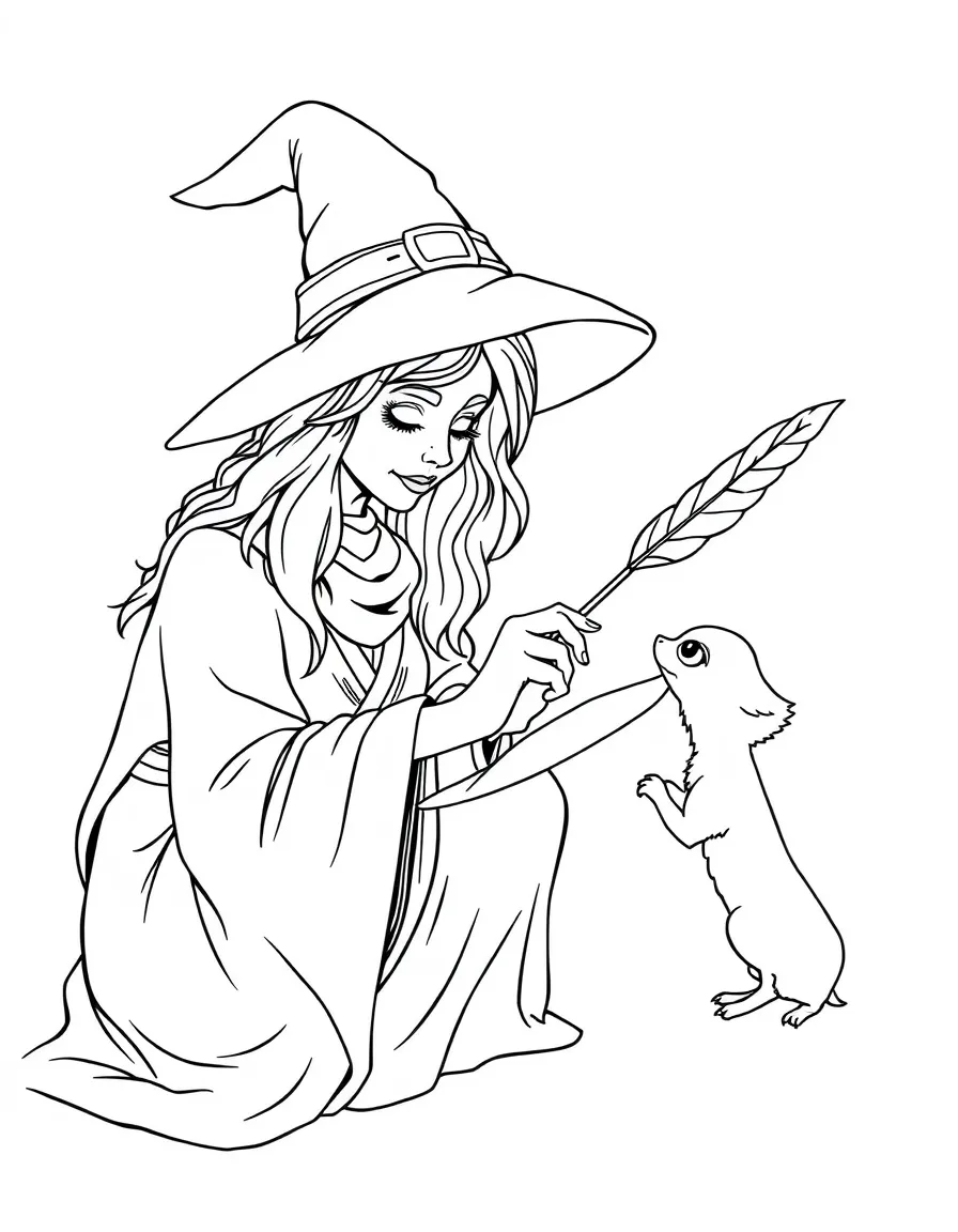 A witch teaching her familiar to write using a quill
