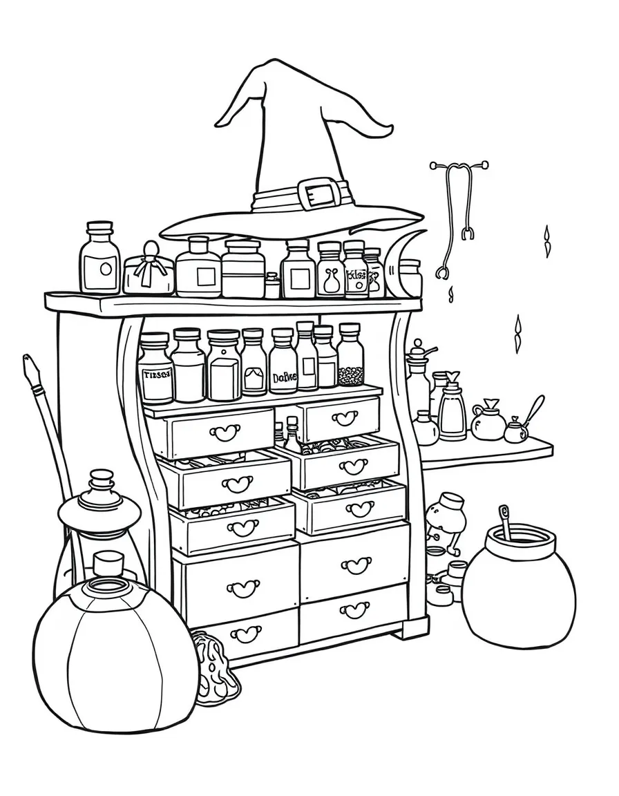 A witch's apothecary with drawers of magical ingredients