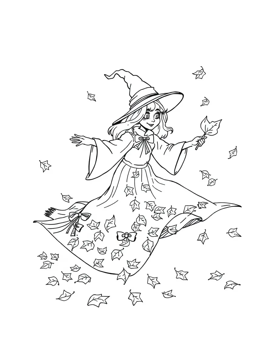 A witch creating flying carpets from fallen leaves