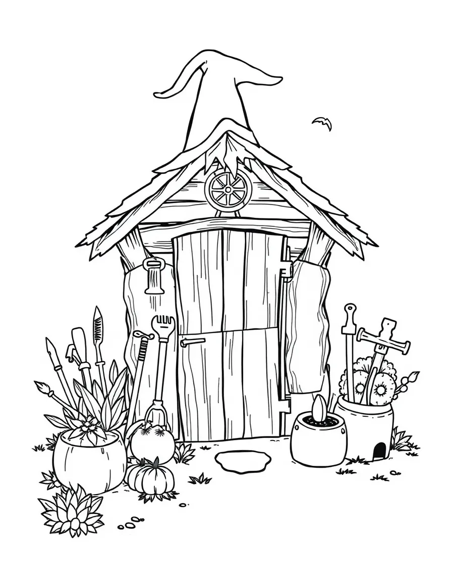 A witch's garden shed with tools that work by themselves