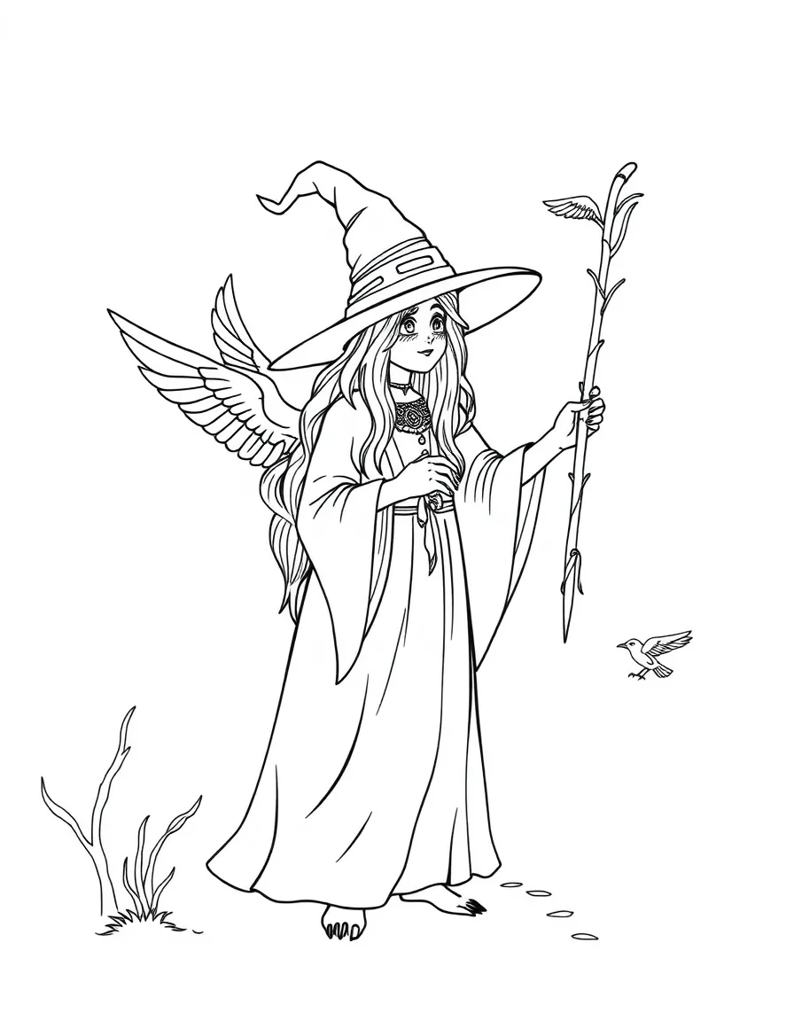 A witch teaching birds to carry messages