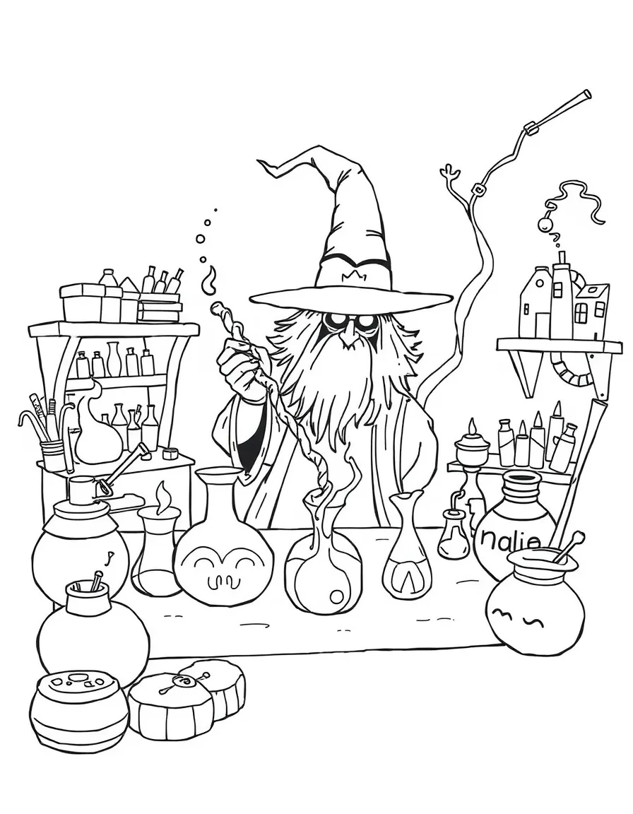 A witch's laboratory with experiments in progress