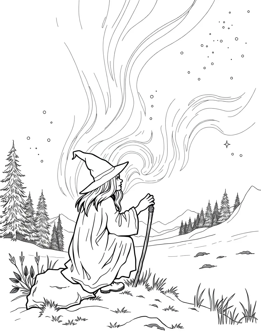 A witch studying the patterns of the northern lights