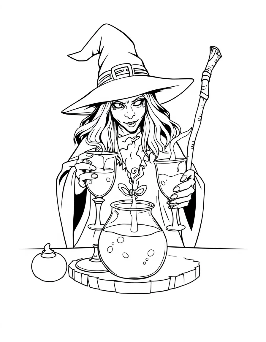 A witch brewing potions in crystal goblets