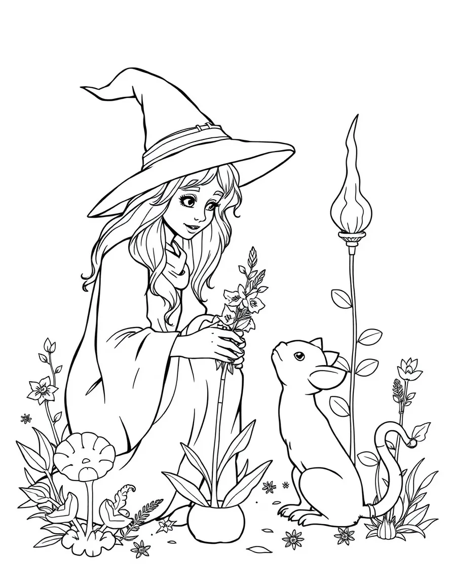 A witch teaching her familiar to recognize magical plants