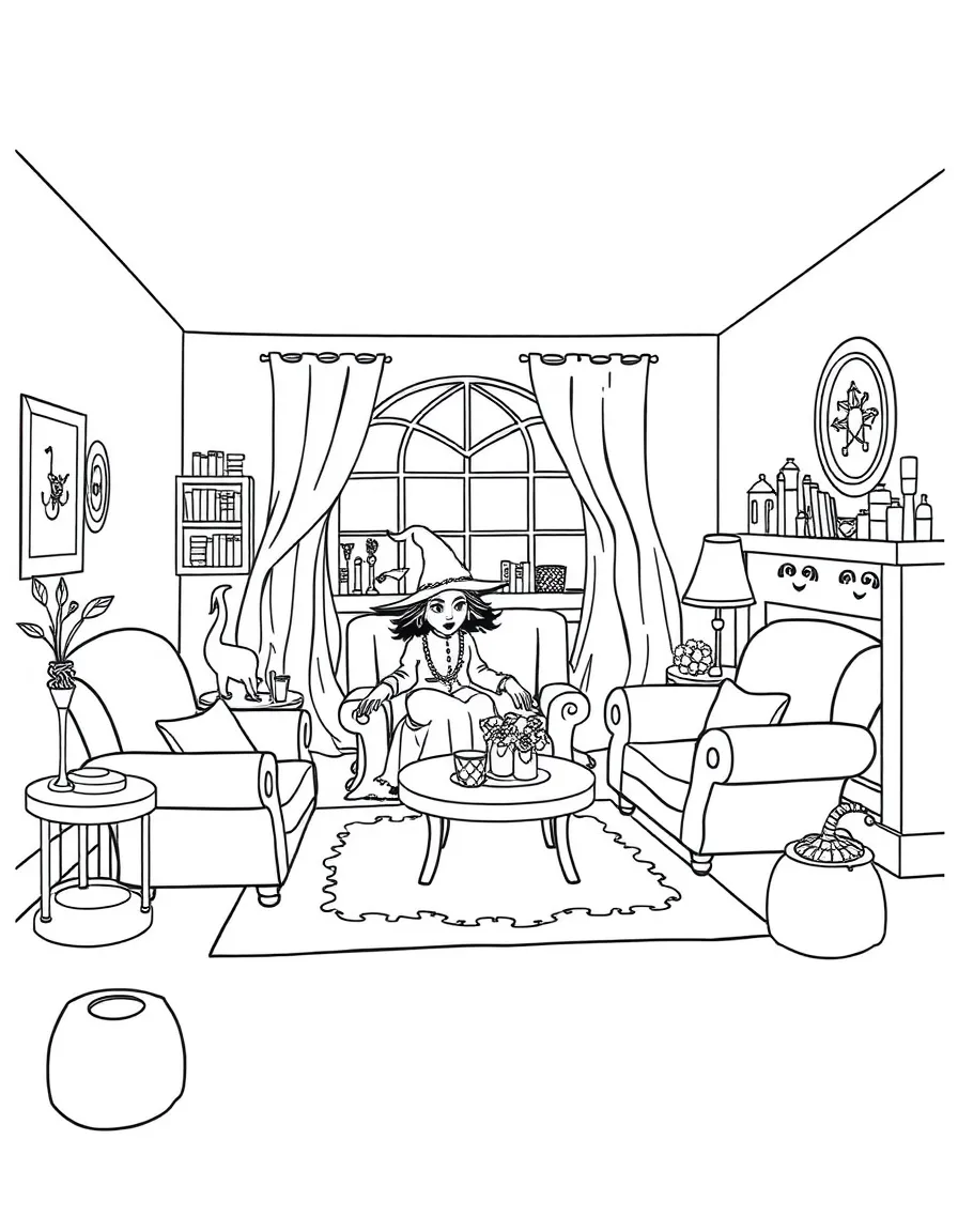 A witch's sitting room with furniture that rearranges itself