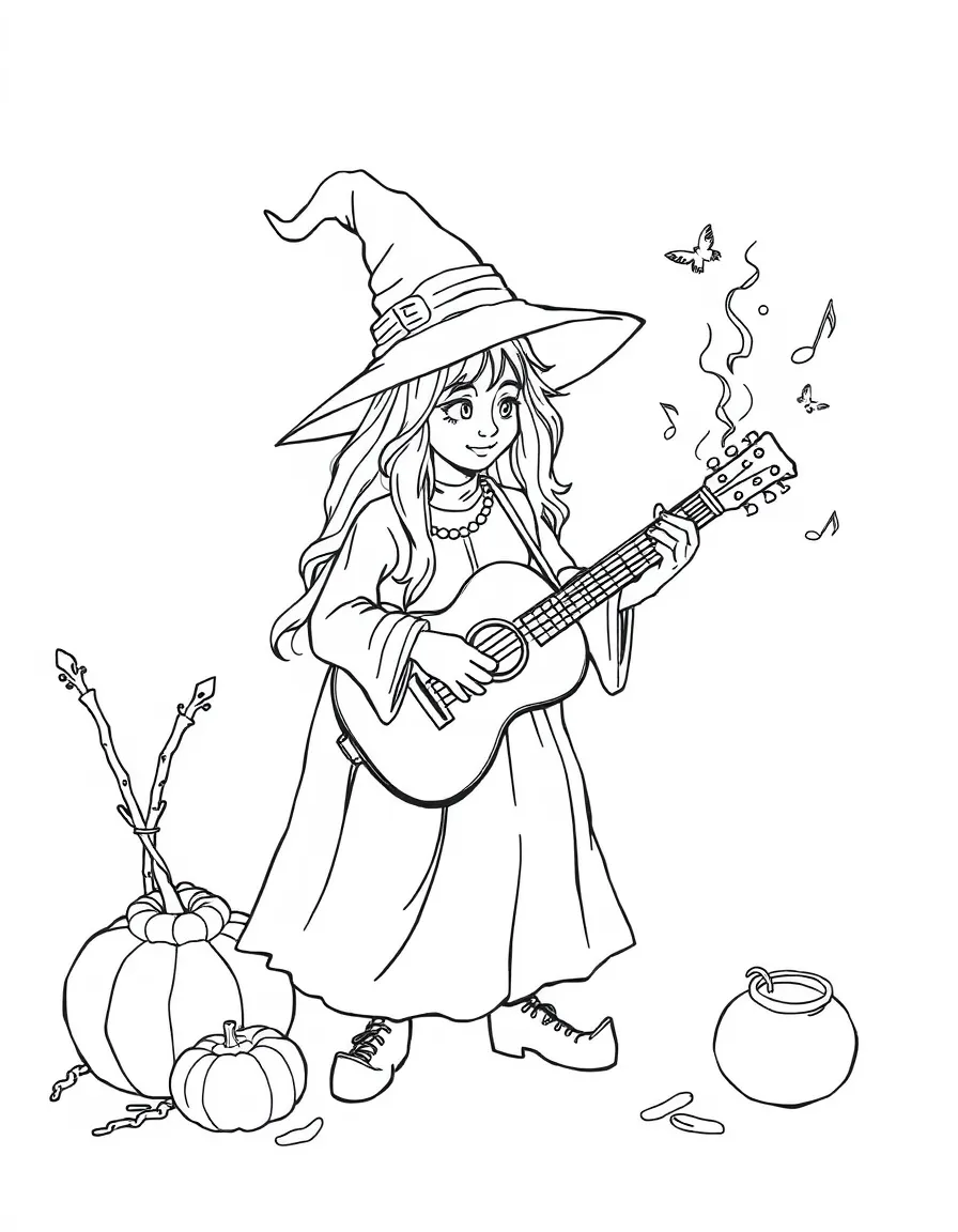 A witch creating magical music from ordinary objects