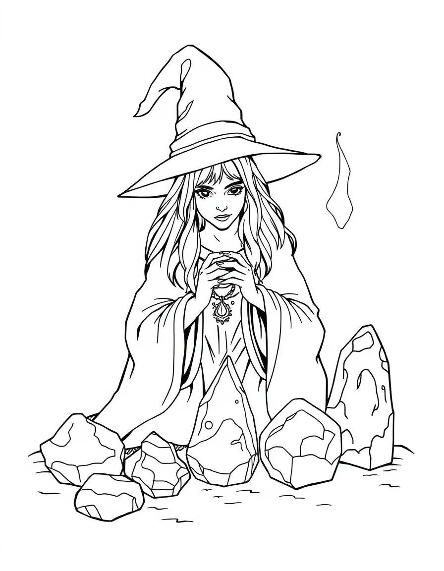 A witch studying the magic in different types of stone