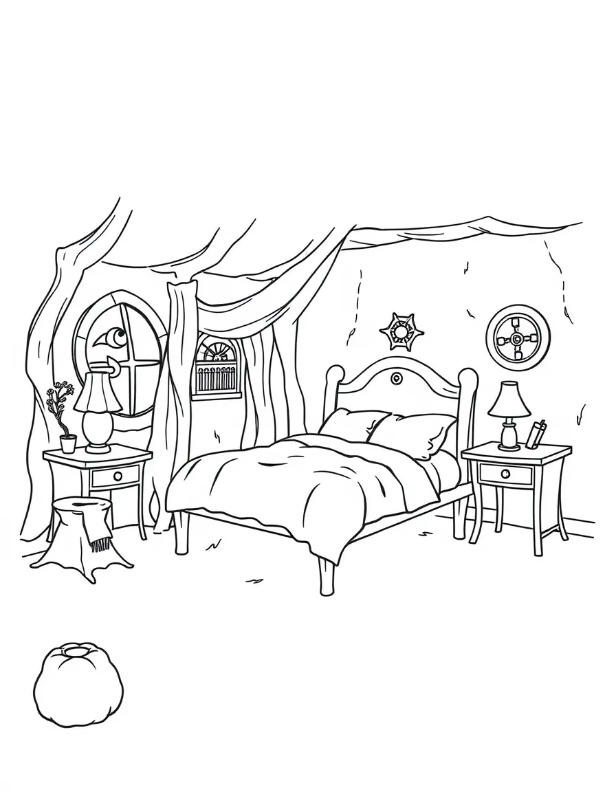 A witch's bedroom with a bed that floats slightly off the ground