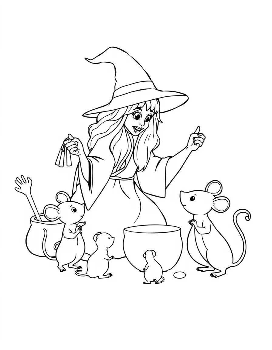 A witch teaching mice to perform simple household chores
