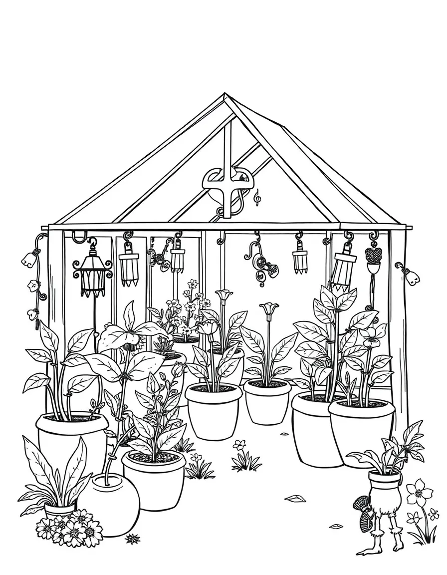 A witch's greenhouse with plants that respond to music