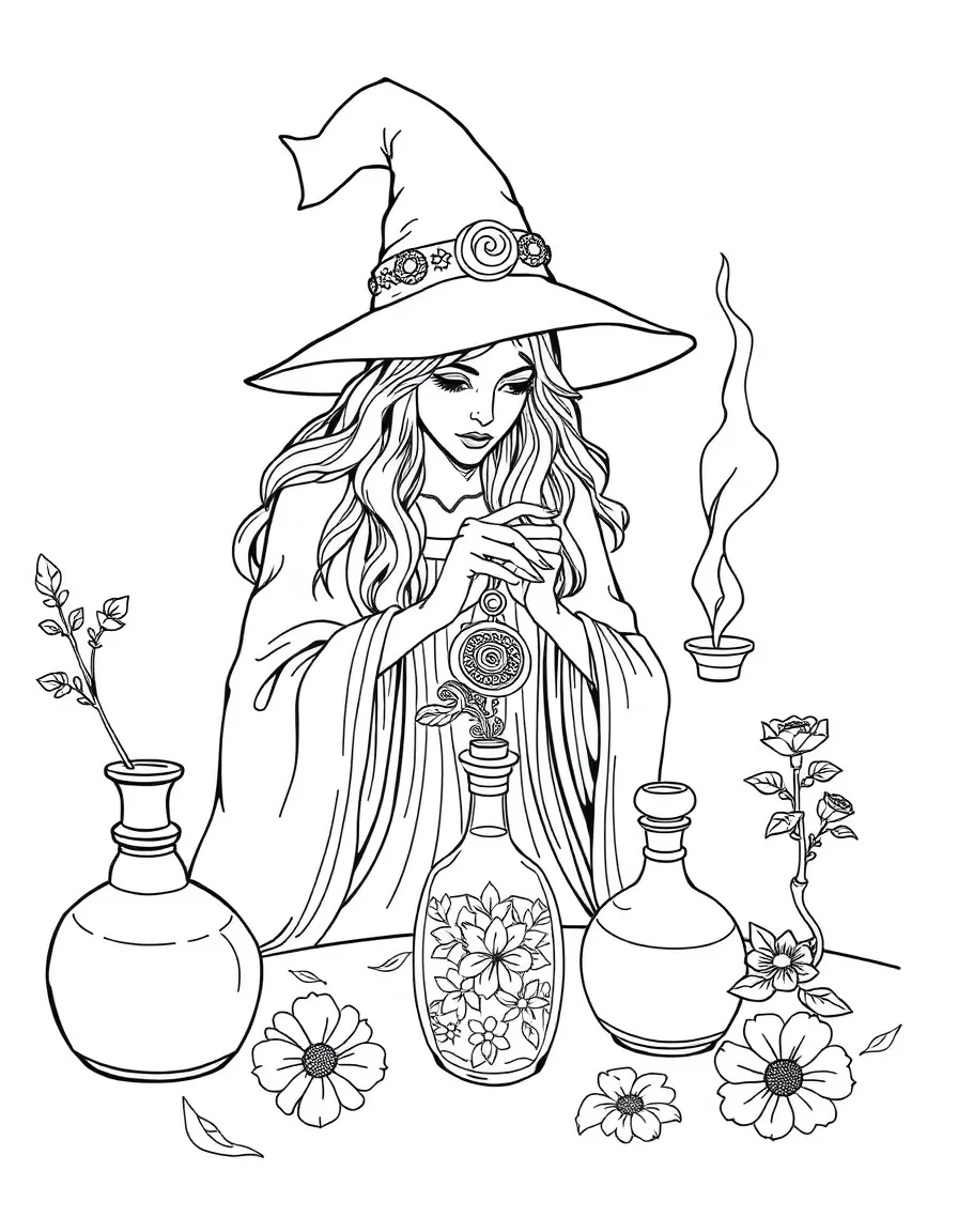 A witch creating magical perfumes from rare essences