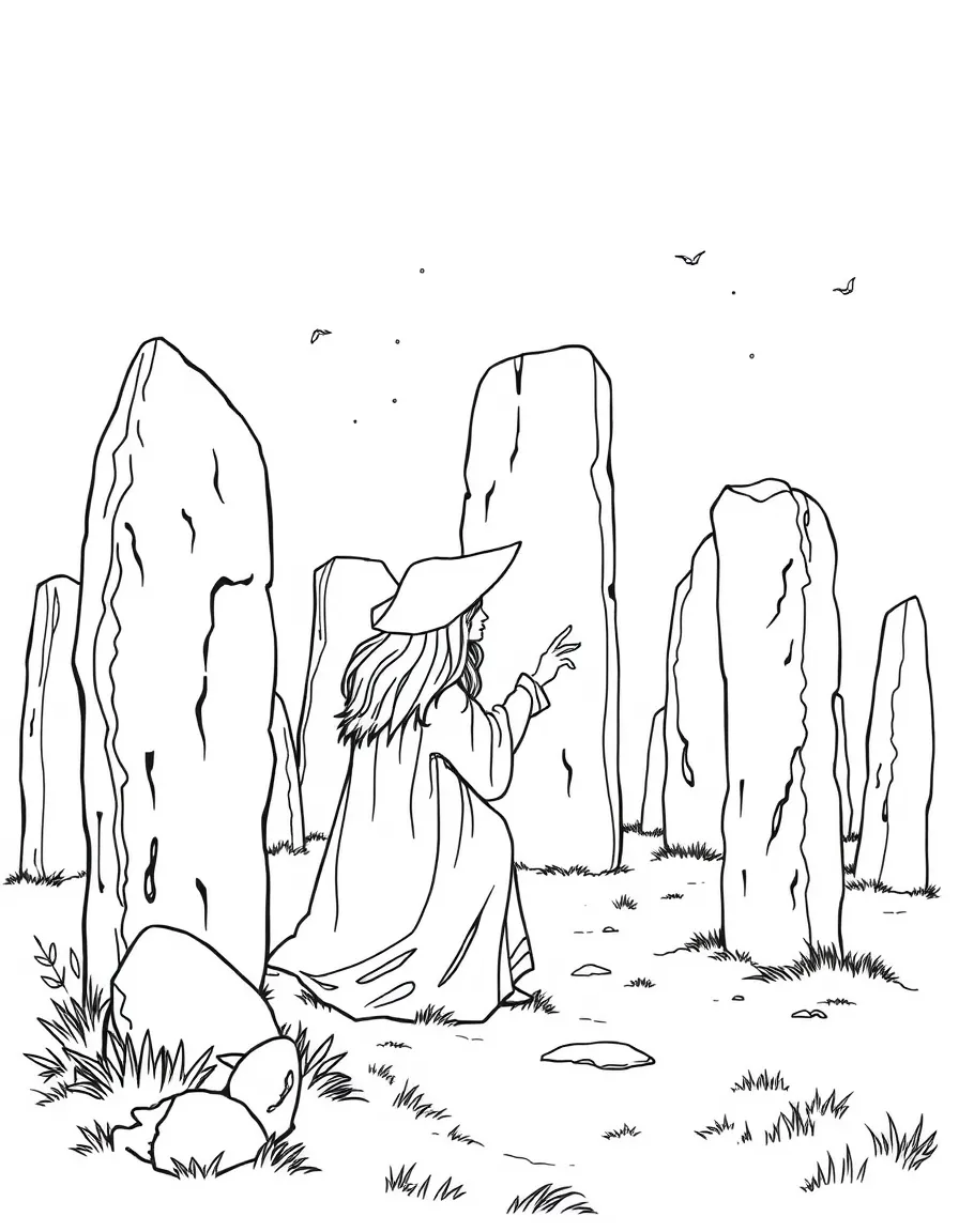 A witch studying the secrets of ancient standing stones