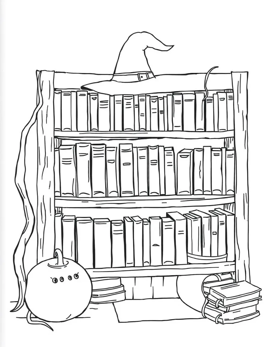 A witch's bookshelf with books that whisper their contents