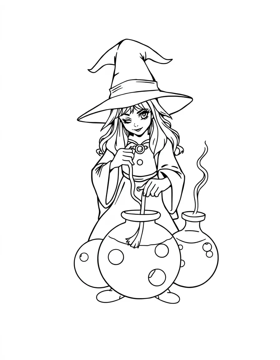 A witch brewing potions in containers shaped like moons