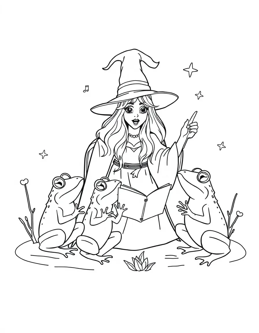 A witch teaching frogs to sing harmonies