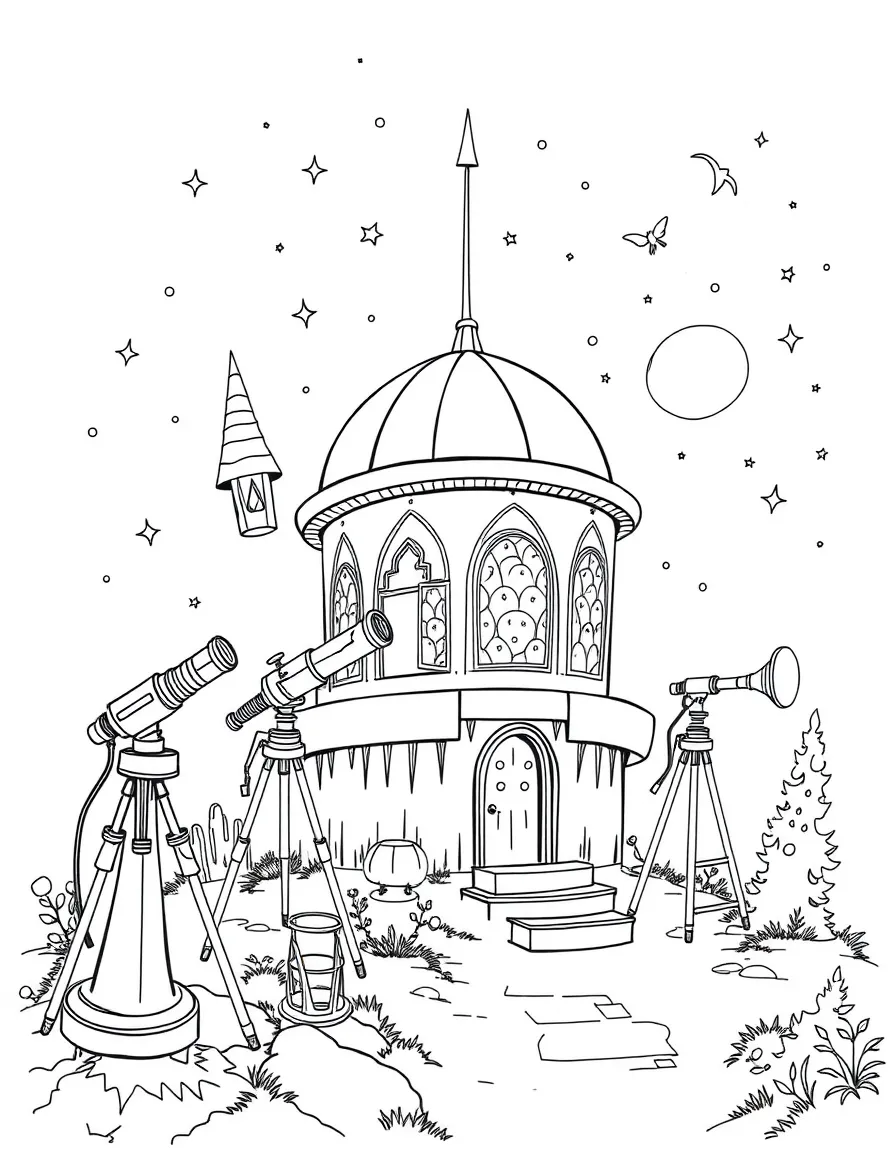 A witch's observatory with telescopes pointed at magical realms
