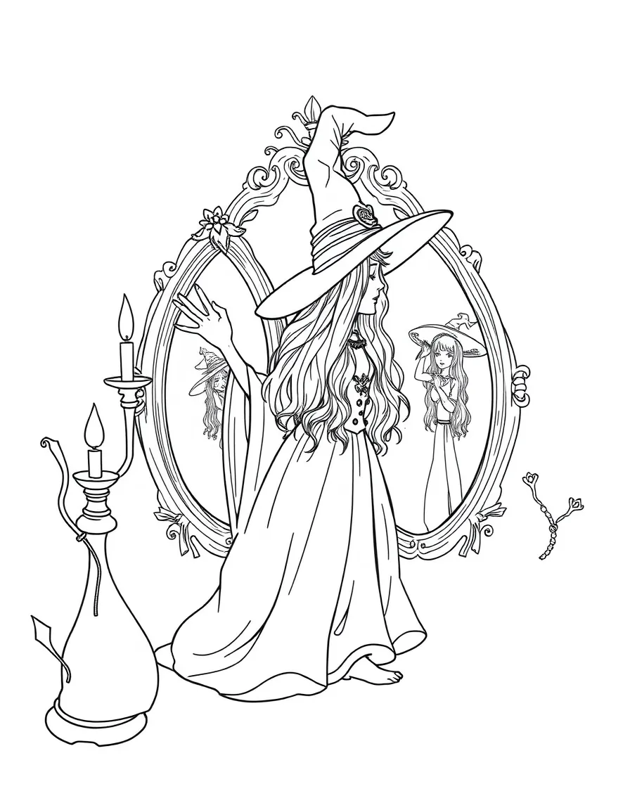 A witch creating enchanted mirrors that show different realities