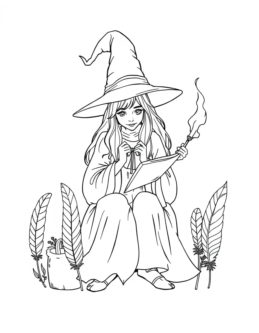 A witch studying the magic in different types of feathers