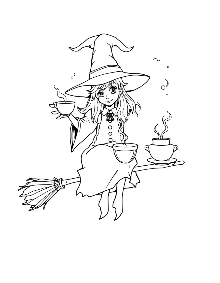 A witch brewing potions in teacups balanced on broomsticks
