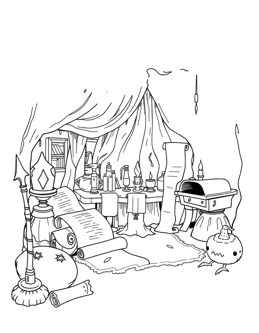 A witch's study with scrolls that unroll themselves