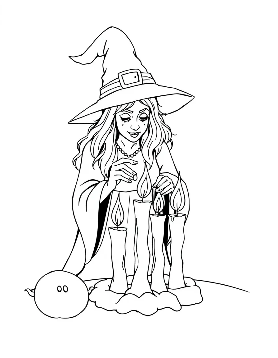 A witch creating magical candles that burn with colored flames