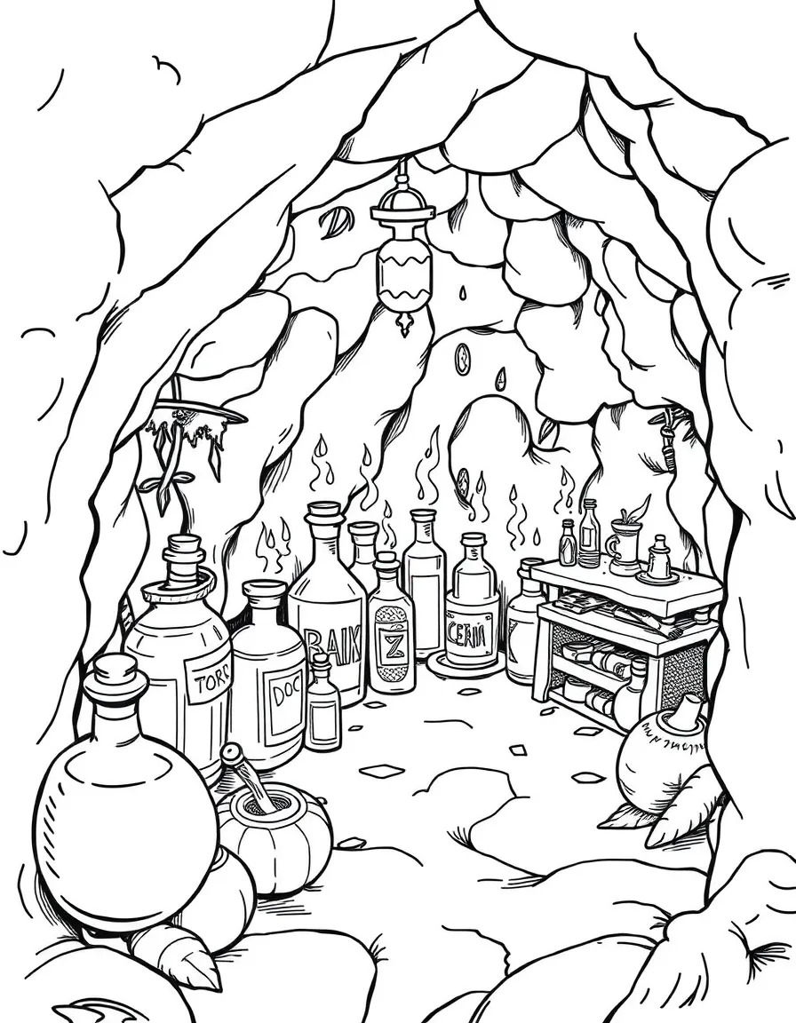 A witch's cellar with bottles of magical essences