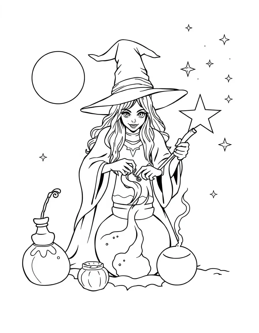 A witch brewing potions from moonlight and starlight