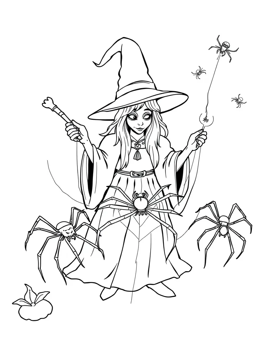 A witch teaching spiders to weave magical patterns