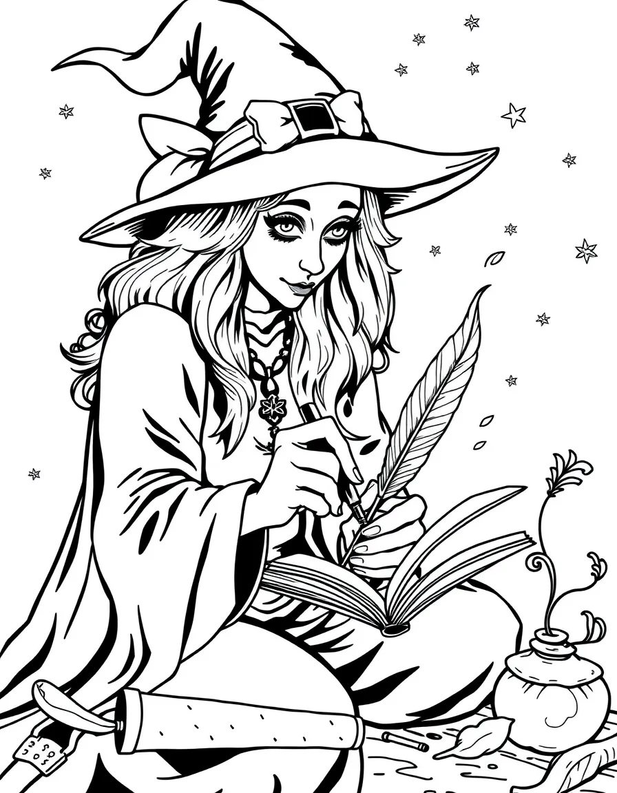 A witch creating enchanted quills that write by themselves