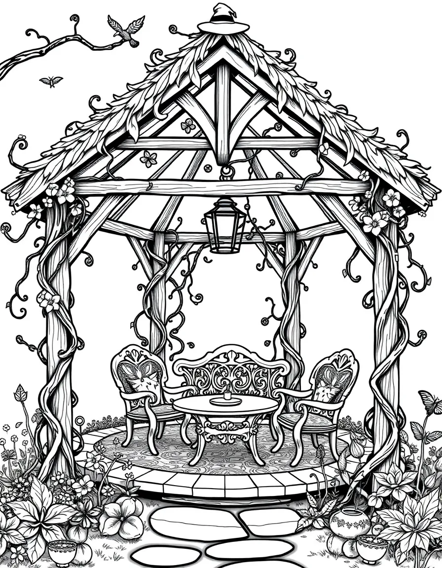 A witch's garden pavilion with furniture made of living vines