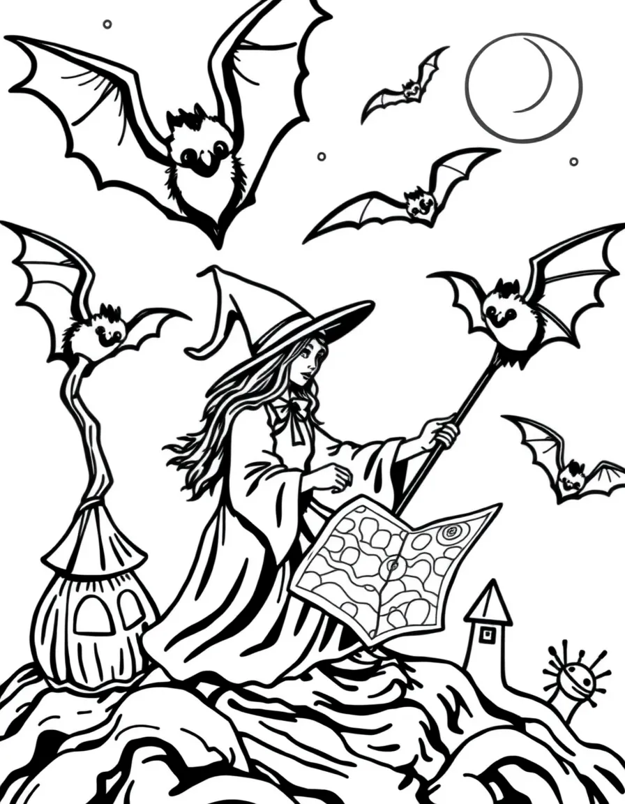 A witch teaching bats to navigate by magical maps