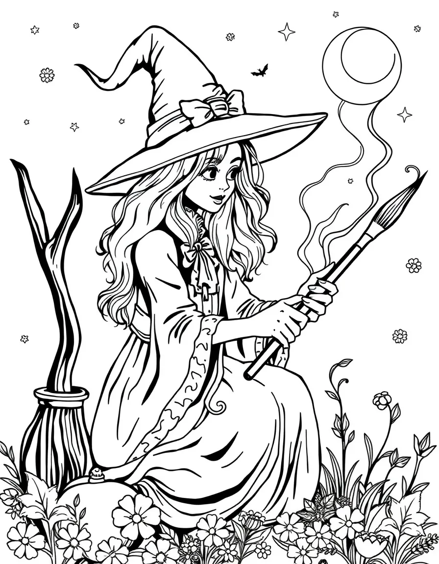 A witch creating magical brushes that paint dreams