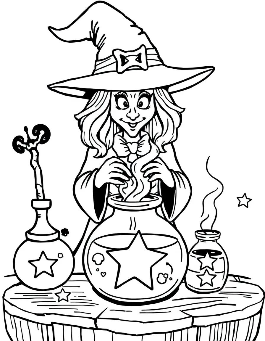 A witch brewing potions in containers shaped like stars