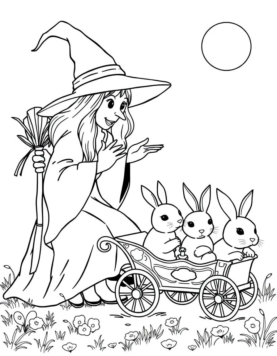 A witch teaching rabbits to pull tiny carriages