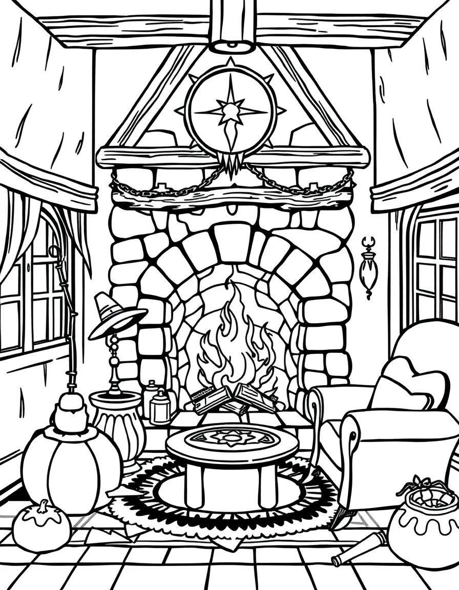 A witch's sitting room with a fireplace that changes colors