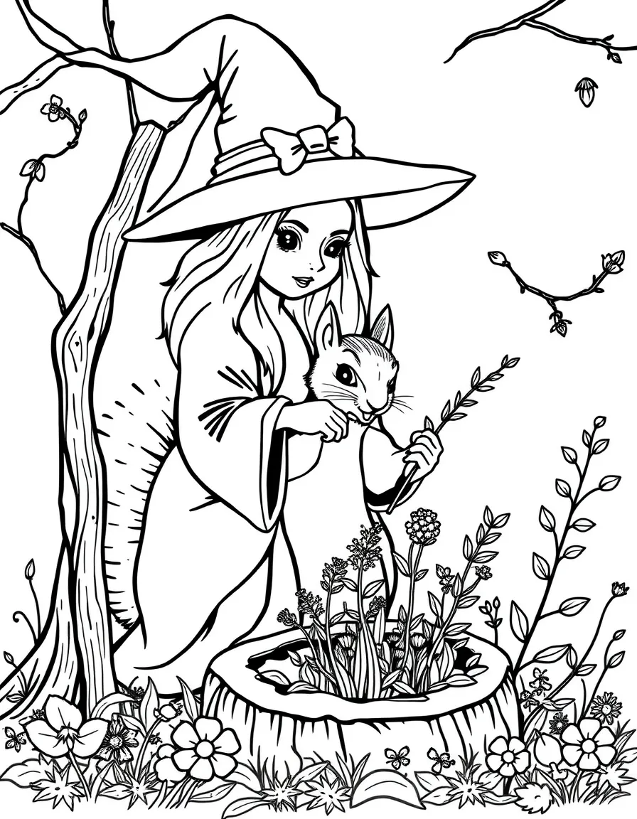 A witch teaching squirrels to collect specific herbs