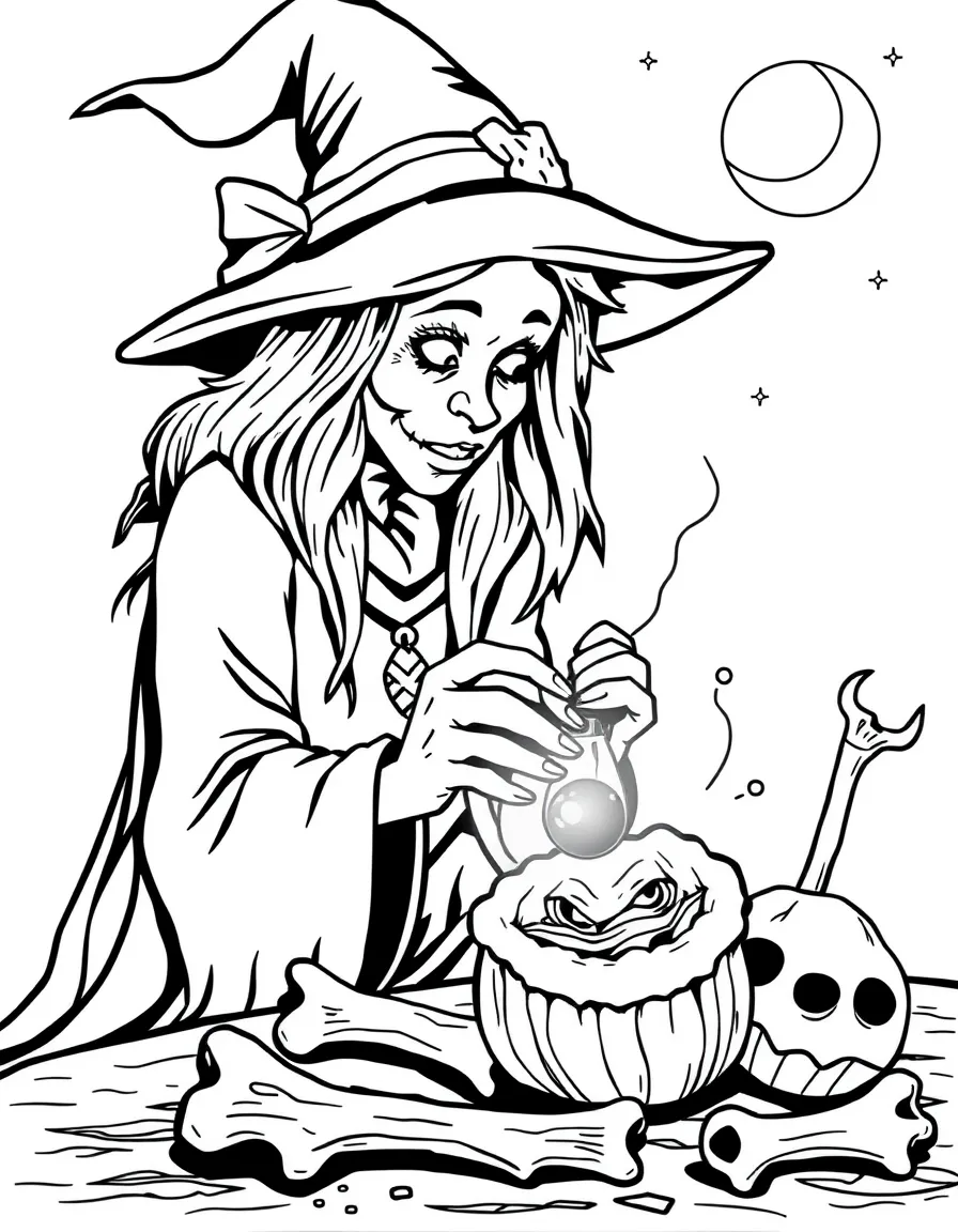 A witch studying the properties of different types of bone