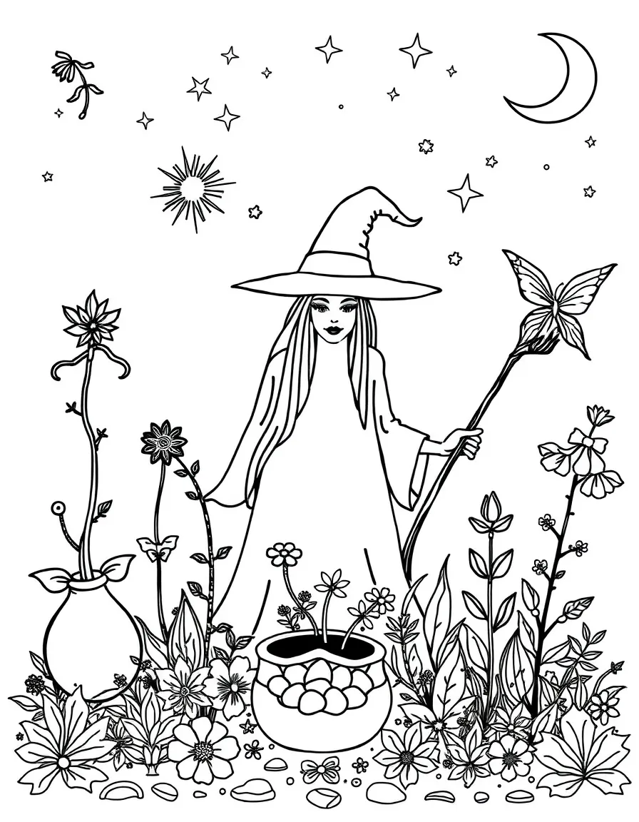 A witch's garden with plants arranged in magical symbols
