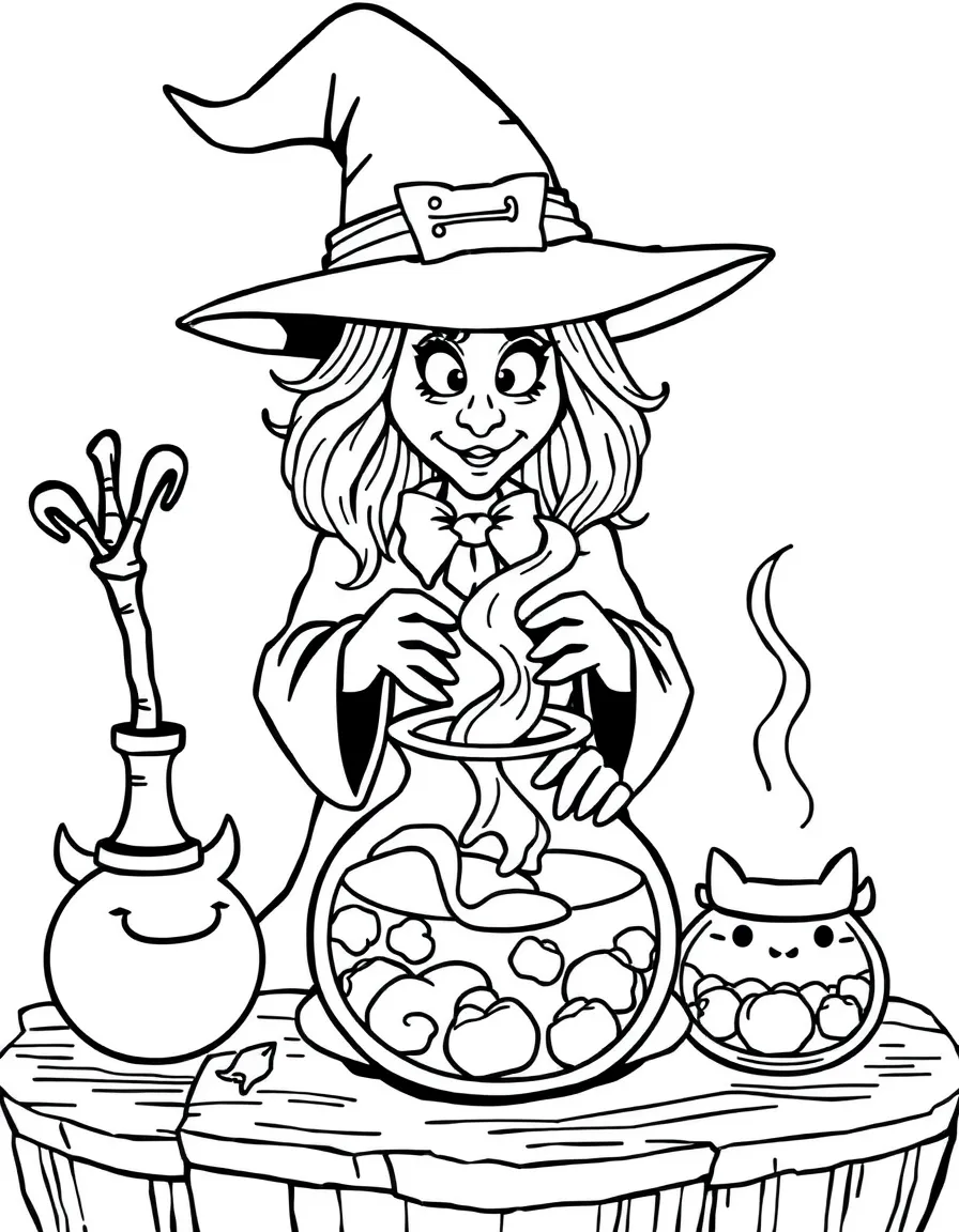 A witch brewing potions in containers shaped like animals
