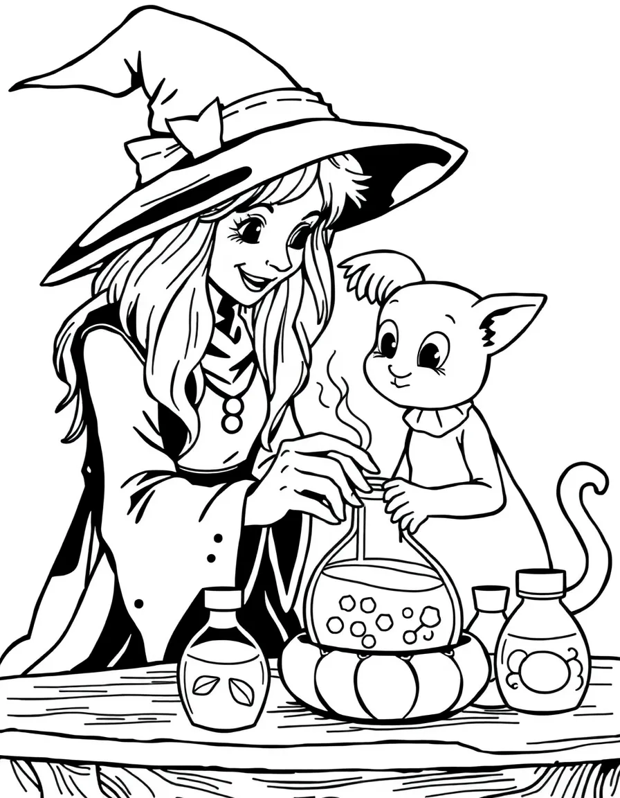 A witch teaching her familiar to mix simple potions