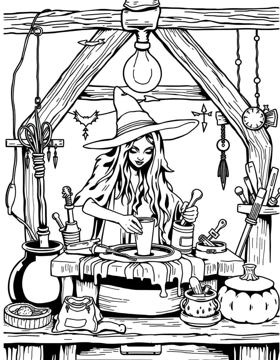 A witch's workshop with tools for crafting magical instruments