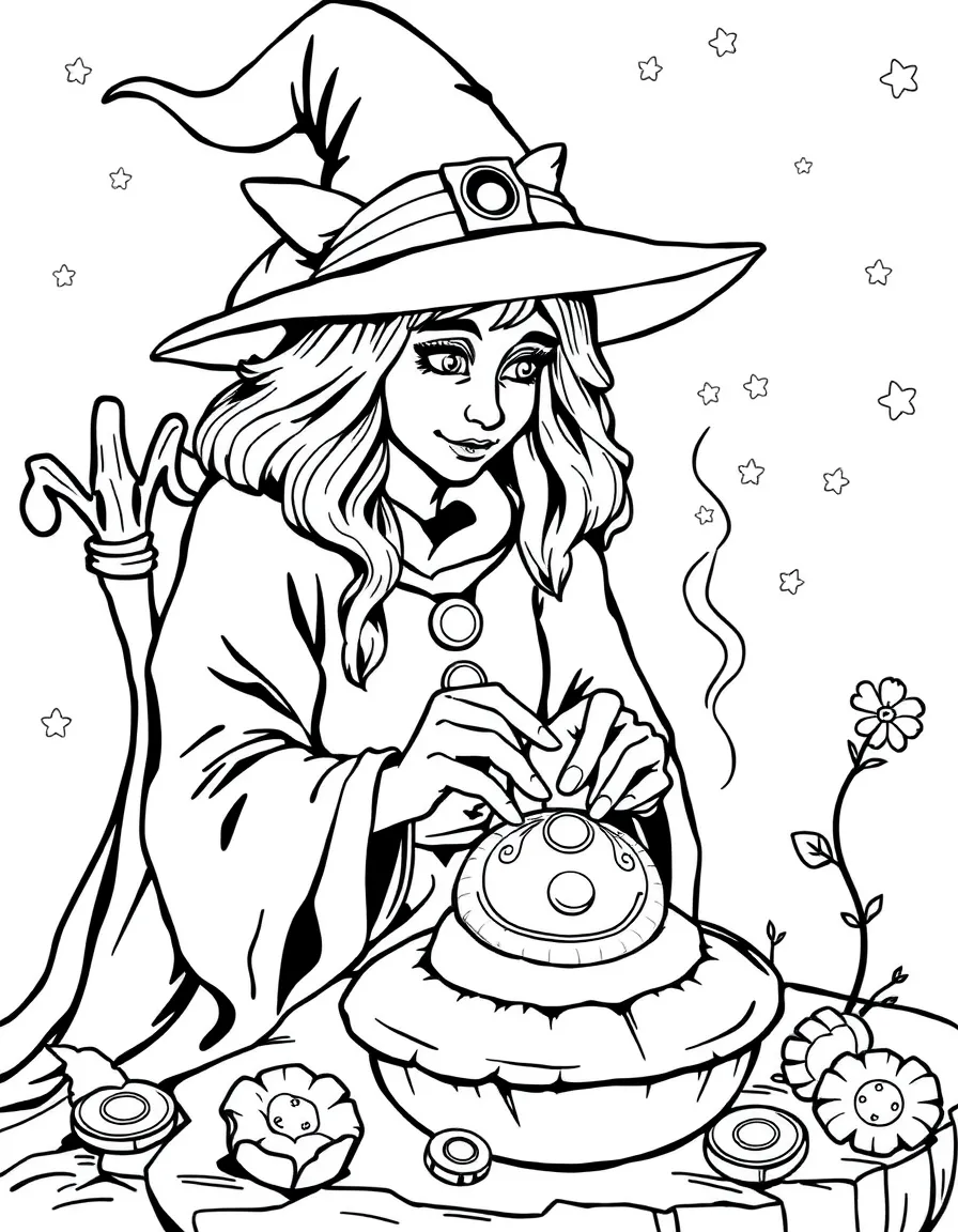 A witch creating enchanted buttons that grant wishes