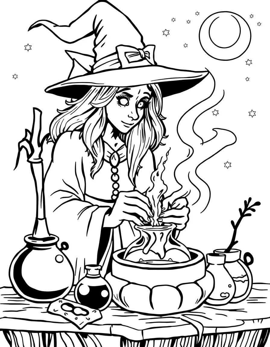 A witch brewing potions that change the color of one's dreams