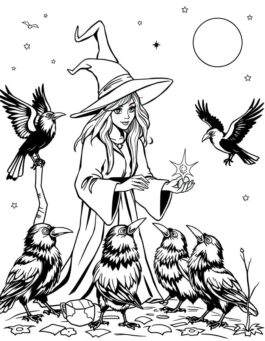 A witch teaching crows to collect shiny objects for spells