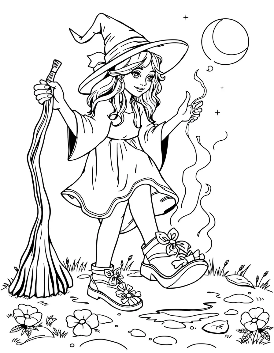 A witch creating magical sandals that walk by themselves
