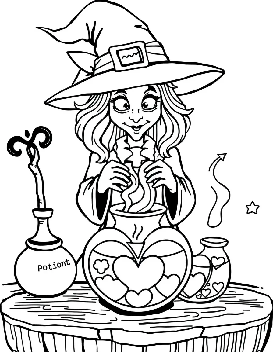 A witch brewing potions in containers shaped like hearts