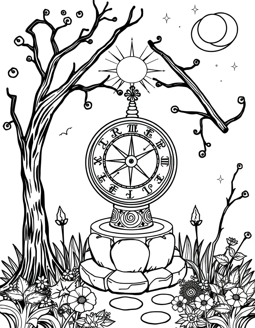 A witch's garden with a sundial that tells fortunes