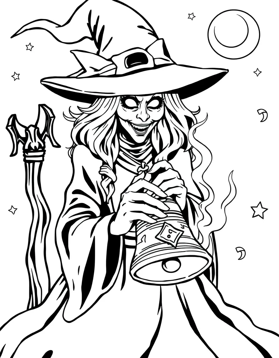 A witch creating magical bells that ring warnings